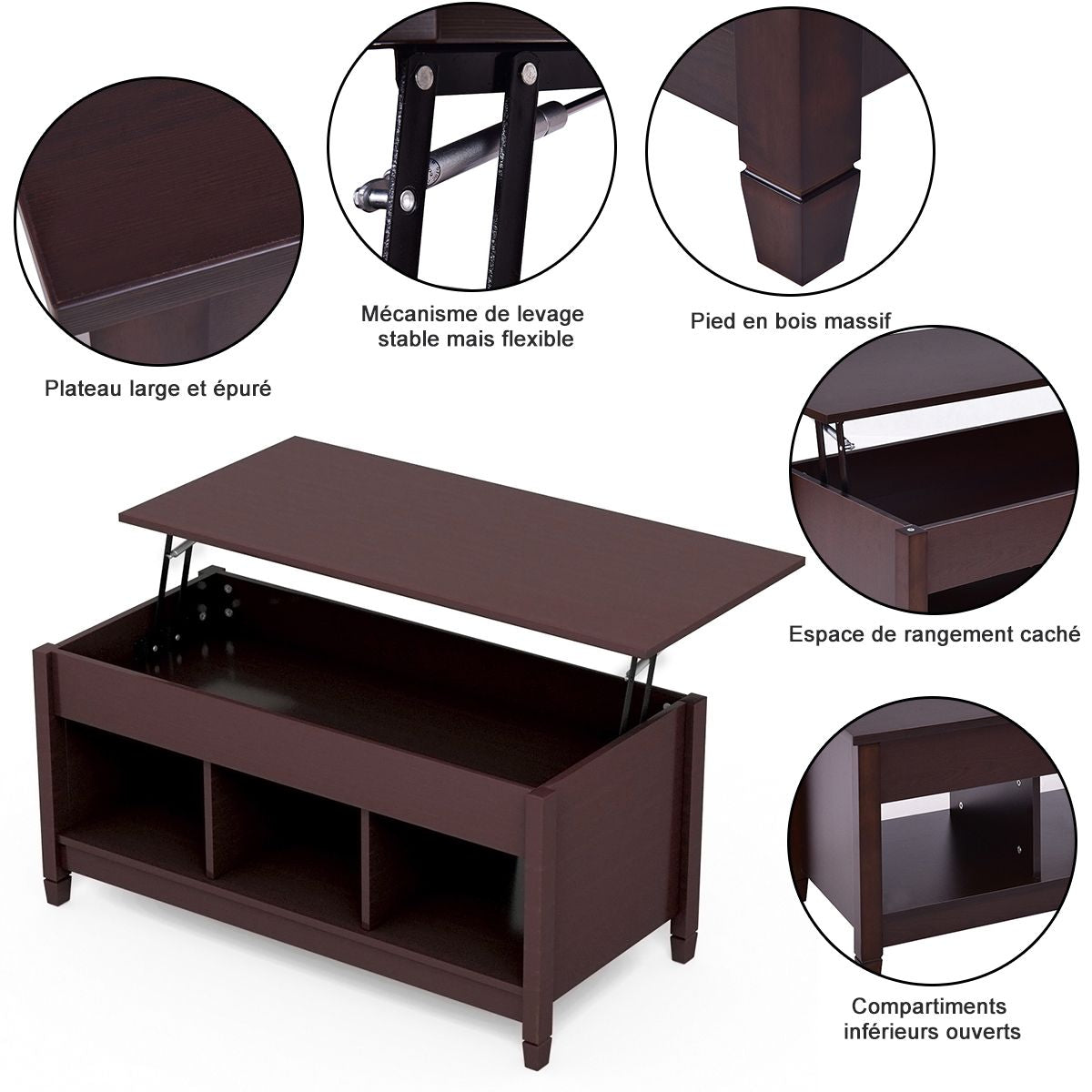 Table Basse avec Plateau Relevable 3 Compartiments Ouverts pour Rangement Polyvalents pour Salon Bureau Café