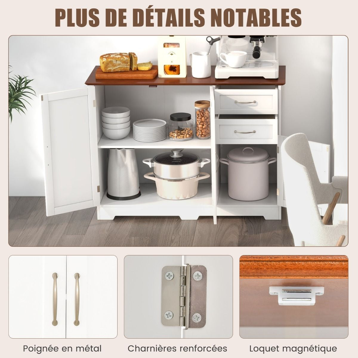 Buffet Cuisine Meuble Bas Cuisine 2 Placards 2 Tiroirs Étagère Réglable Buffet Salle à Manger pour Cuisine Salon Blanc 100 x 40 x 78 cm Blanc