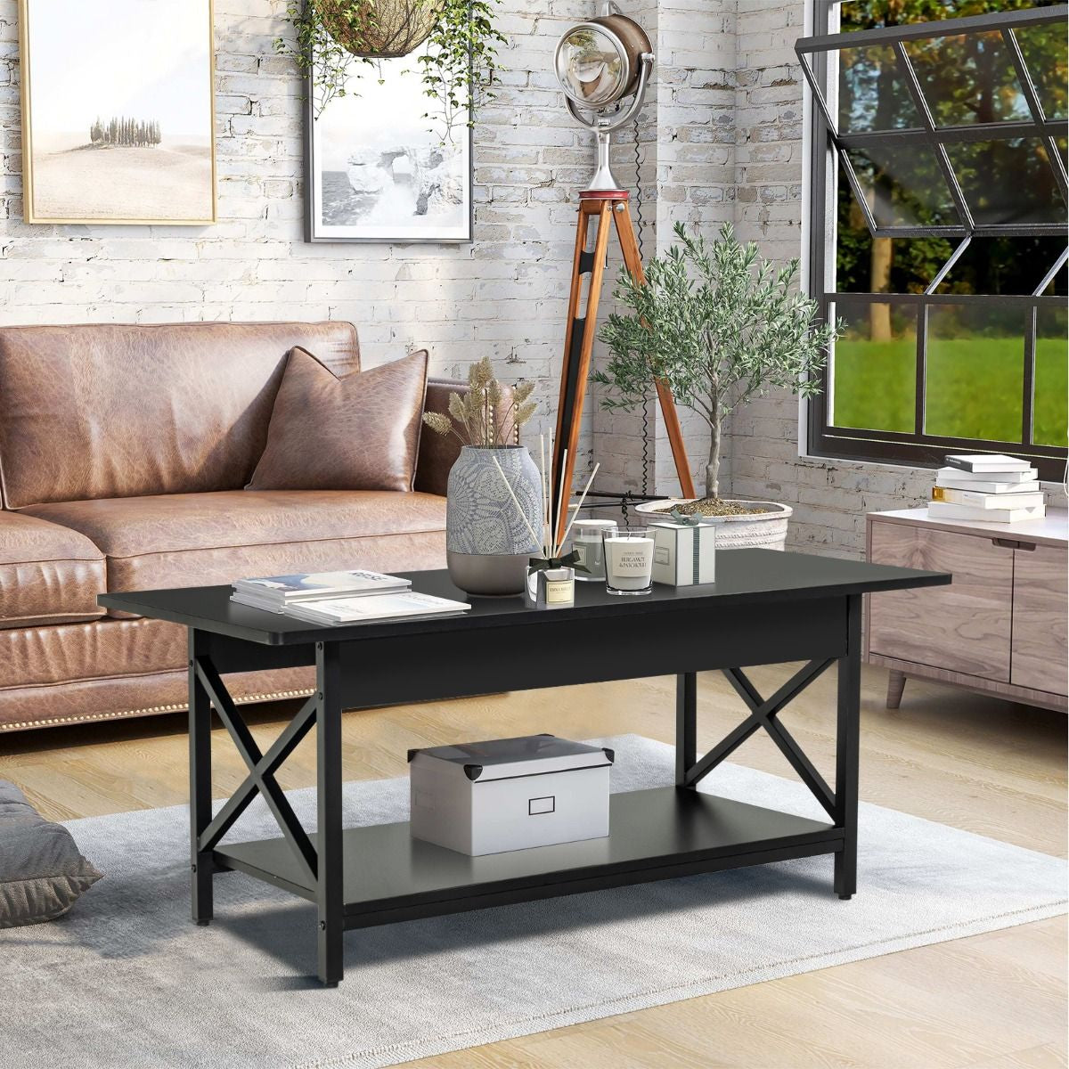 Table Basse 2 Niveaux avec Étagère Bois Cadre Métallique en Forme X Pieds Réglables Style Industrielle 110 x 60 x 48 cm Noir