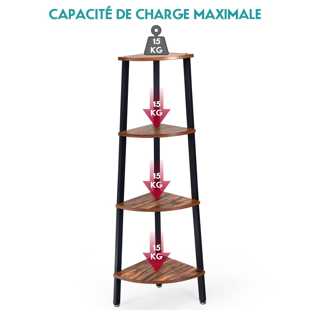 Étagère d'angle à 4 Niveaux Meuble de Rangement en Métal Structure Stable 35 x 35 x 125 CM Charge 15 KG Marron et Noir