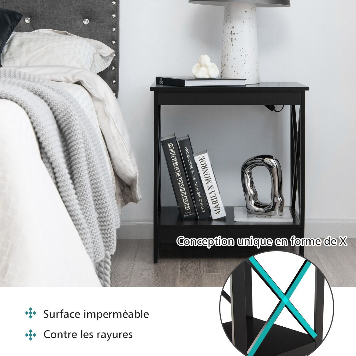 Table d'Appoint à 2 Niveaux de Style Moderne 51 x 45 x 56,5cm (L x l x H) Cadre Stable en Forme de X Noir