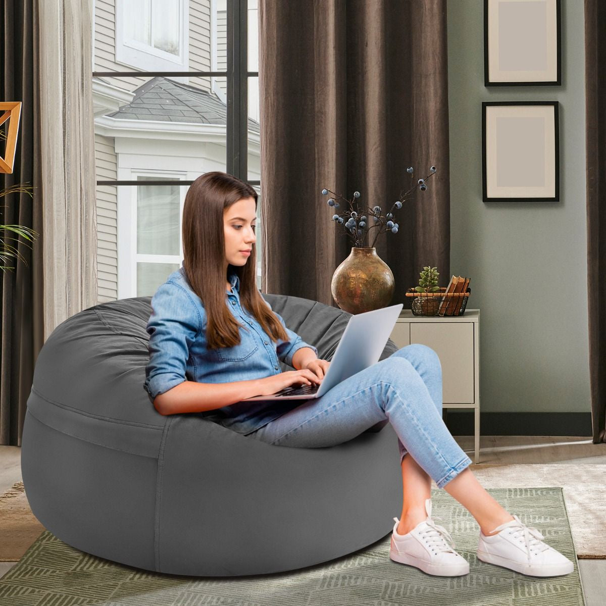 Pouf Poire 92 CM Ultra Confortable Rempli d'Éponge Doublure Indépendante Housse en Microfibre pour Chambre/Salon Gris