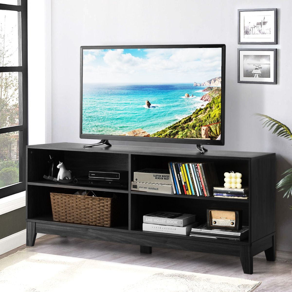 Meuble TV/Banc TV 147 X 40 X 61 CM Support télévision avec 4 Étagères de Rangement Ouvertes Tapis Antidérapant Café