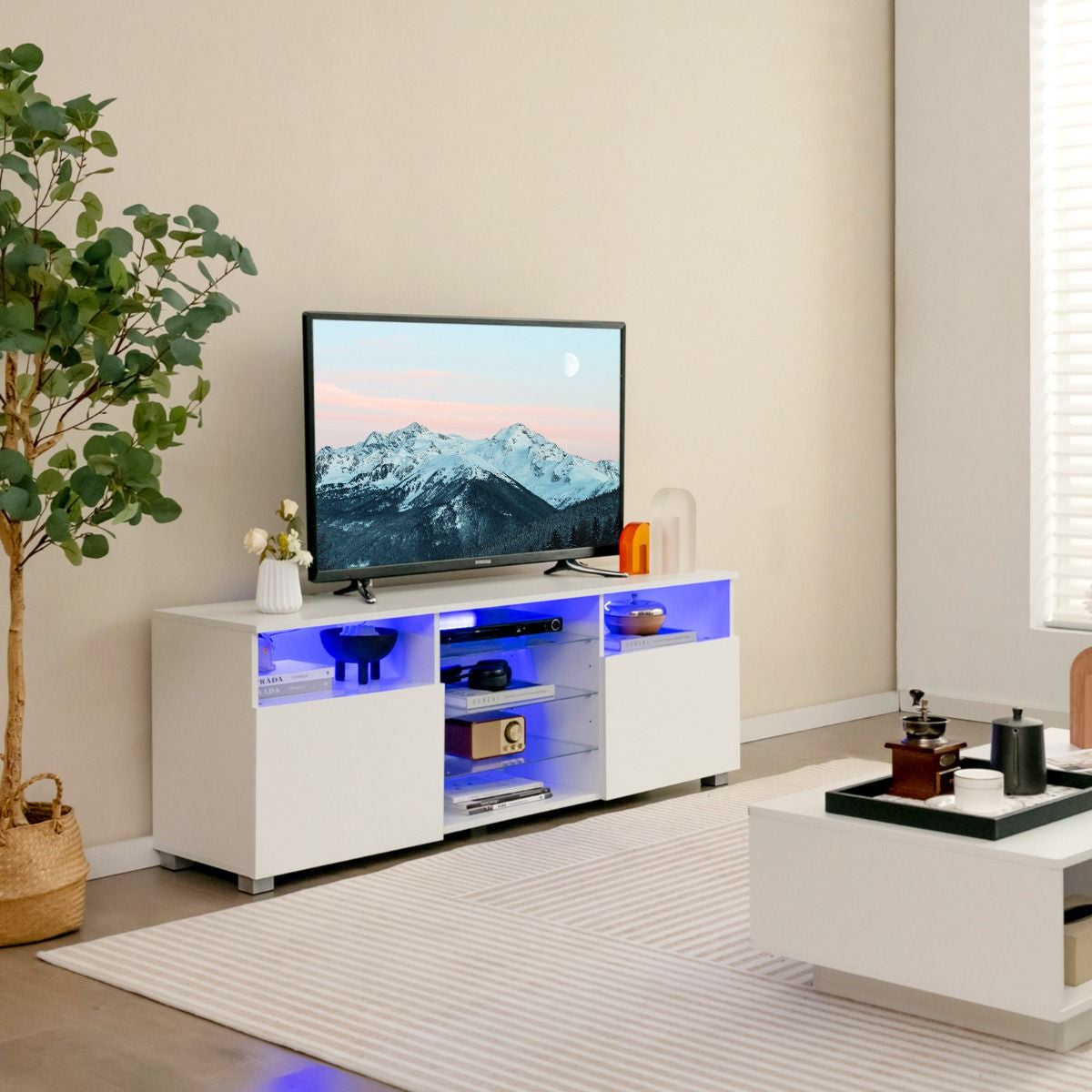 Meuble TV avec Éclairage LED 20 Couleurs Banc TV avec 2 Placards 2 Compartiments et Étagères Vitrées Meuble pour TV 60"