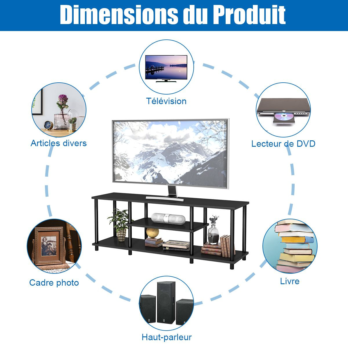 Meuble TV à 3 Niveaux pour Télévision jusqu'à 50 Pouces Banc TV Moderne pour Salon Chambre Noir