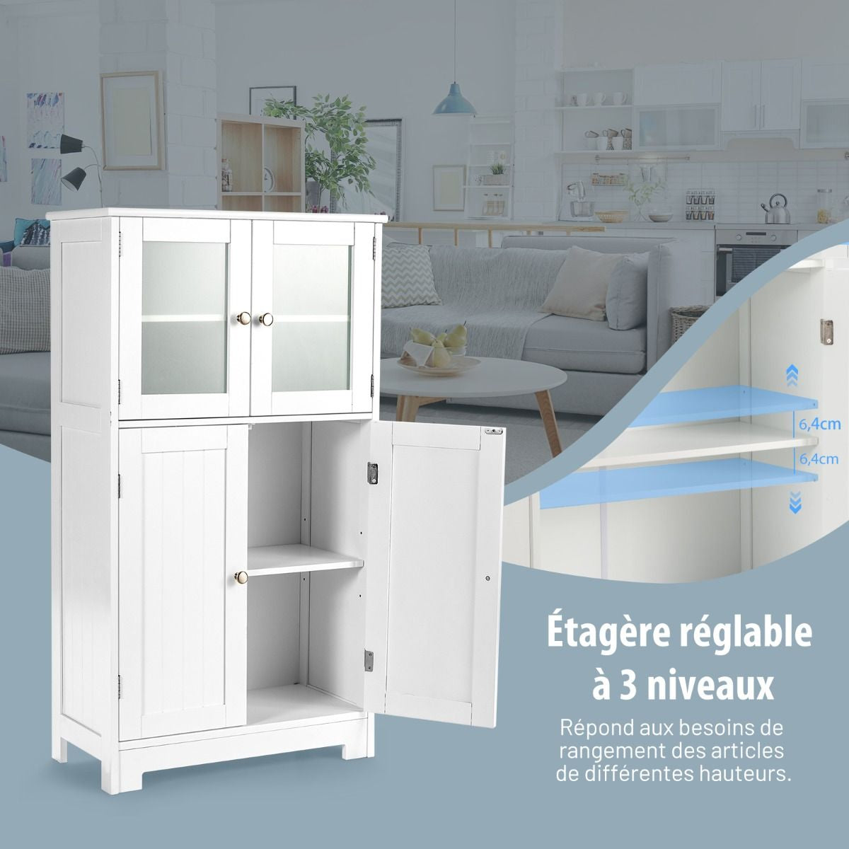 Meuble de Rangement 58 x 30 x 109 CM avec Etagère Réglable Armoire Polyvalent pour Salon Bureau Cuisine Blanc