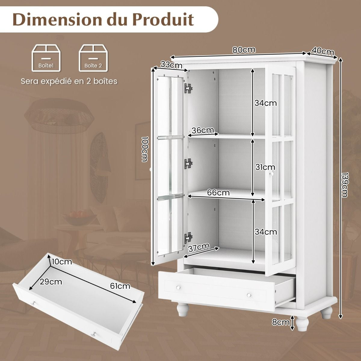 Bibliothèque Vitrine 2 Portes et 1 Tiroir Meuble Vitrine Verre avec Étagère Réglable Kits Anti-Basculement Inclus Vitrine SalonBlanc