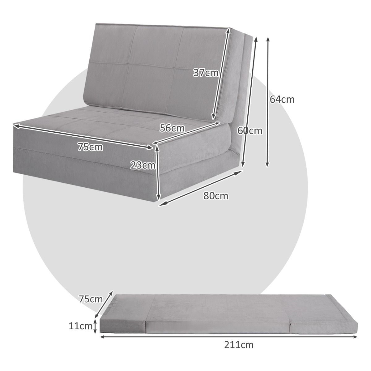 Canapé-Lit Paresseux Pliable Canapé de Sol Dossier Réglable 6 Positions Fauteuil-Lit Tissu en Daim Doux et Rembourré pour Chambre Salon Balcon Gris