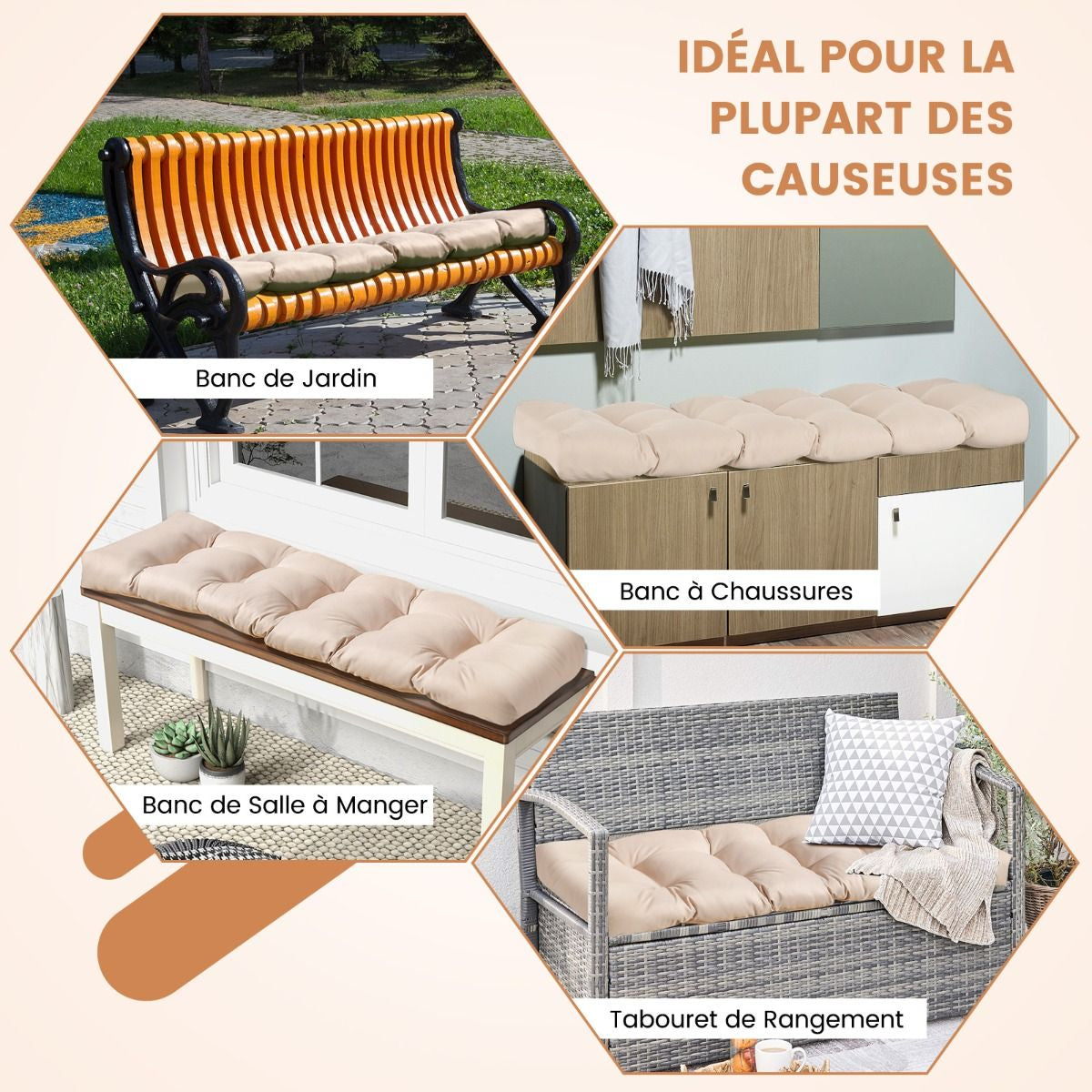 Coussin Banc Extérieur Intérieur 132x49x15 CM pour Bancs de Jardin Coussin Salon de Jardin Extérieur Coton PP Doux Matelas Beige