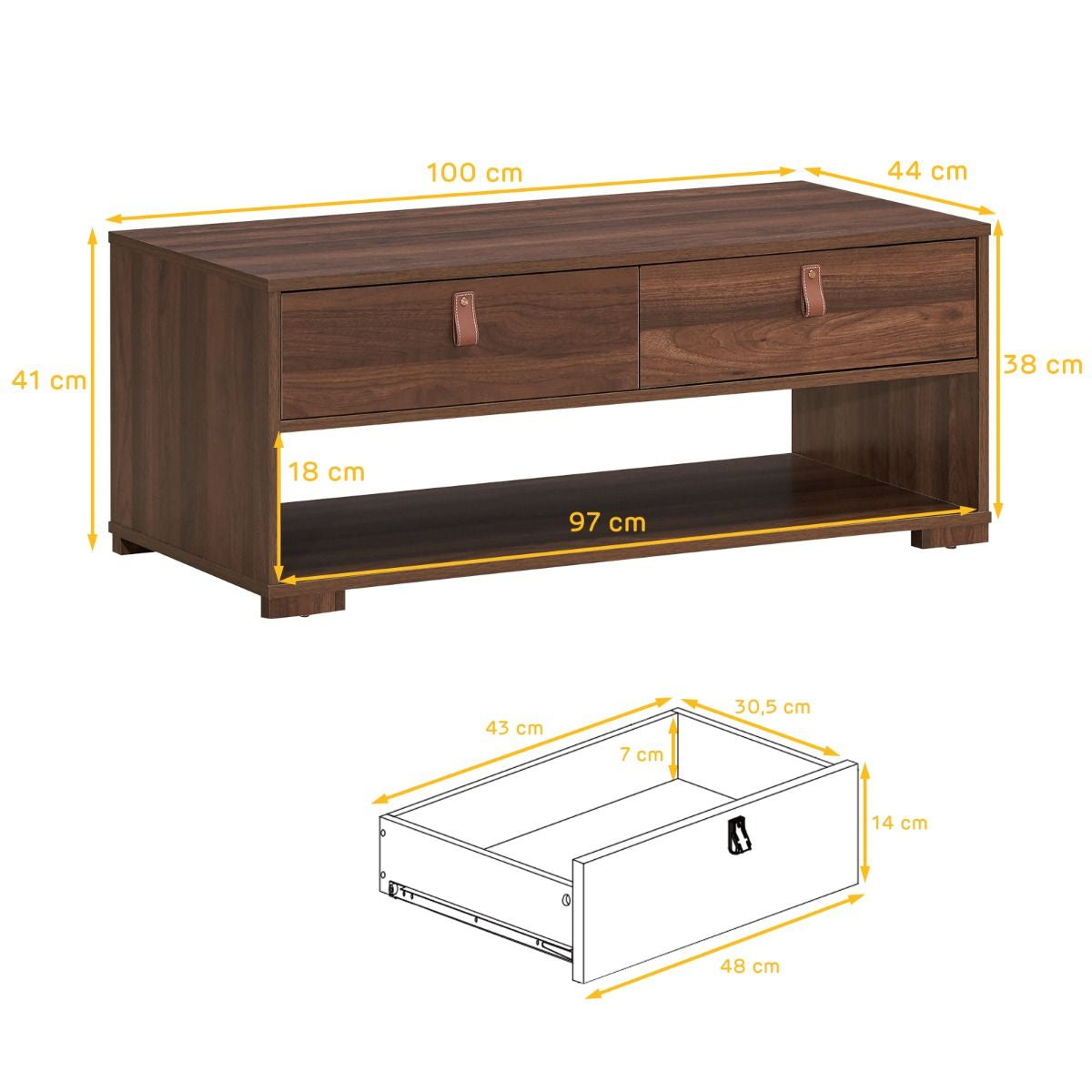 Table Basse Industrielle 100 x 44 x 41 cm (L x l x H) 2 Tiroirs et Étagère de Rangement Noir/Brun