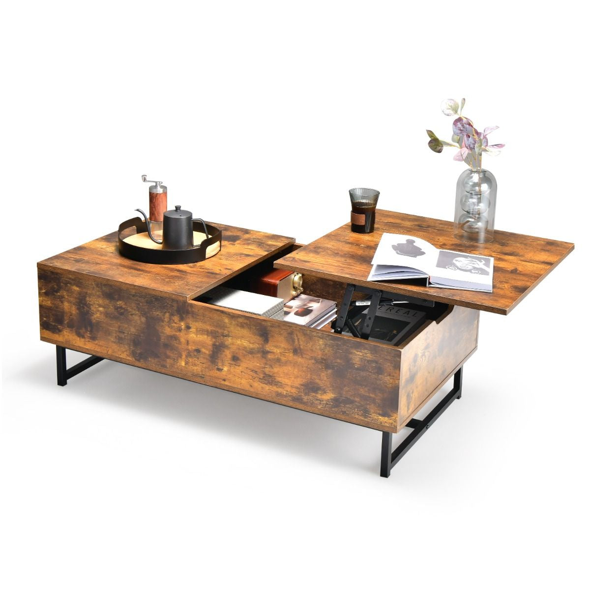 Table Basse Relevable avec 1 Compartiment Latéral Table Basse Transformable Cadre en Métal Levage Hydraulique pour Salon Bureau Chambre 110 x 60 x 38 cm  Café