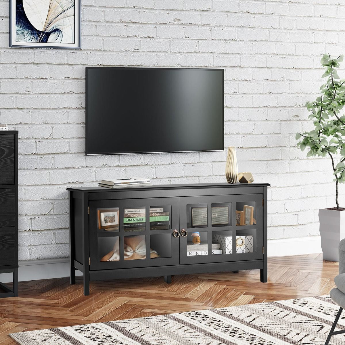 Meuble TV en Bois avec 2 Portes et 4 Compartiments 114 x 48,5 x 61 cm Style Moderne pour Salon et Chambre Noir