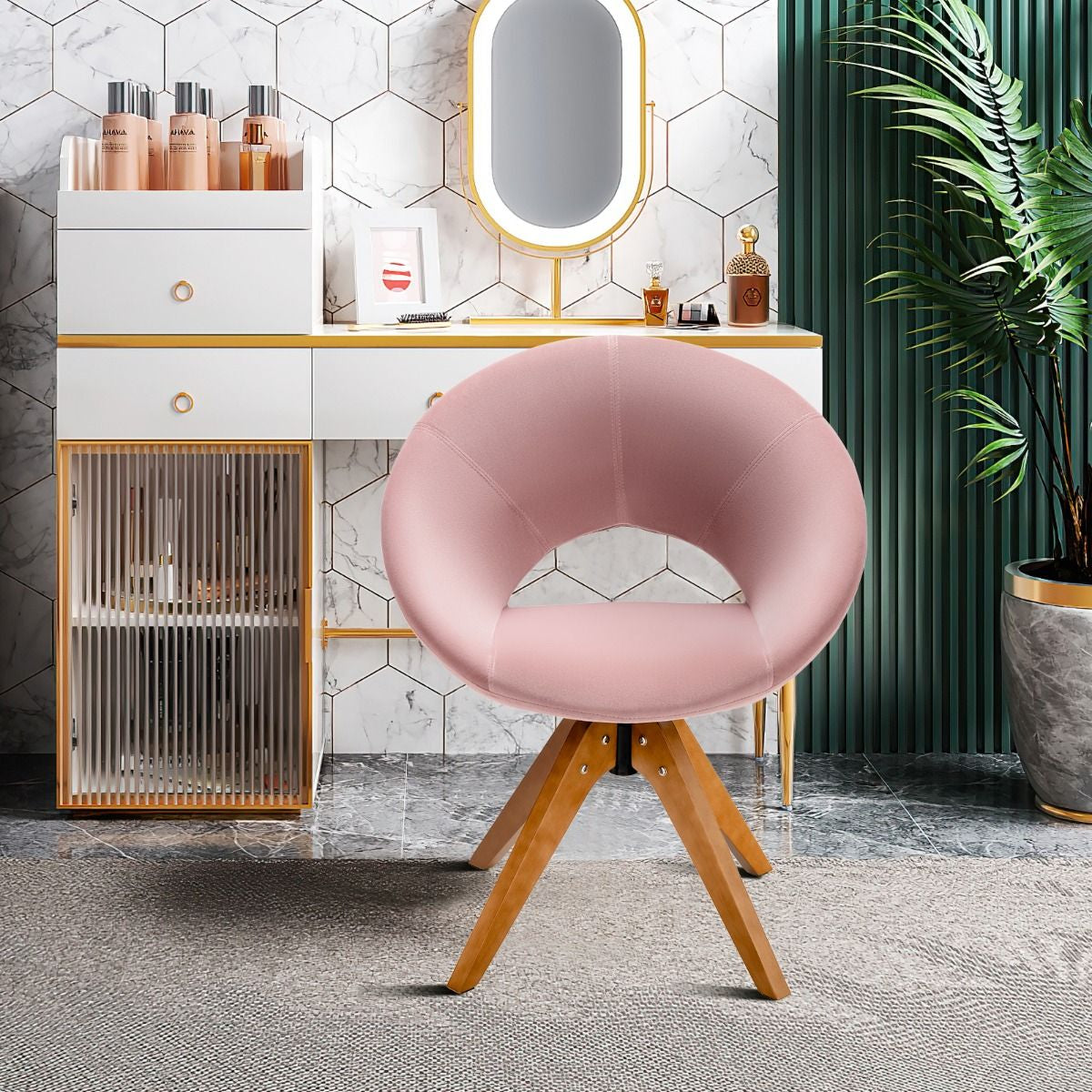 Fauteuil en Tissu Chaise Pivotante Moderne avec Pieds en Bois Massif et Siège Moelleux pour Salon Bureau et Chambre Rose