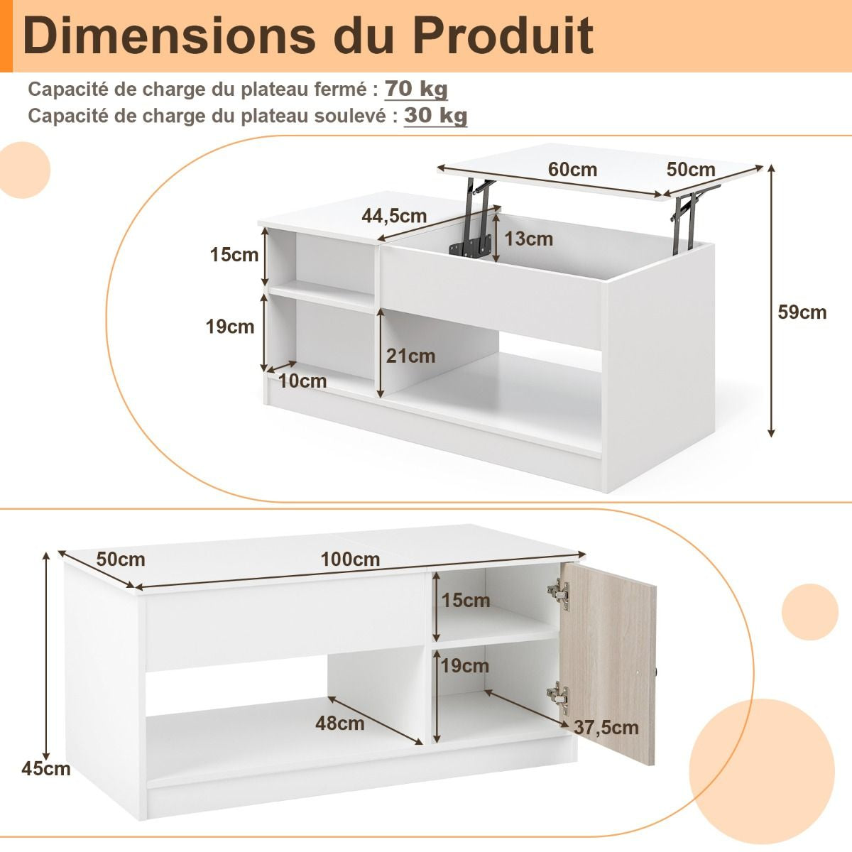 Table Basse avec Plateau Relevable avec Levage Pneumatique, Table de Salon avec 3 Compartiments ouverts et Placard à Porte