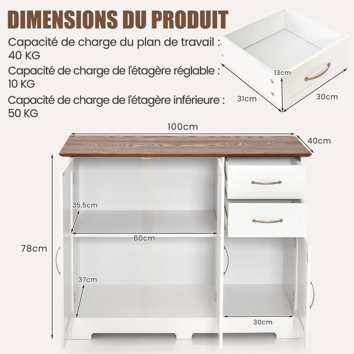 Buffet Cuisine Meuble Bas Cuisine 2 Placards 2 Tiroirs Étagère Réglable Buffet Salle à Manger pour Cuisine Salon Blanc 100 x 40 x 78 cm Blanc