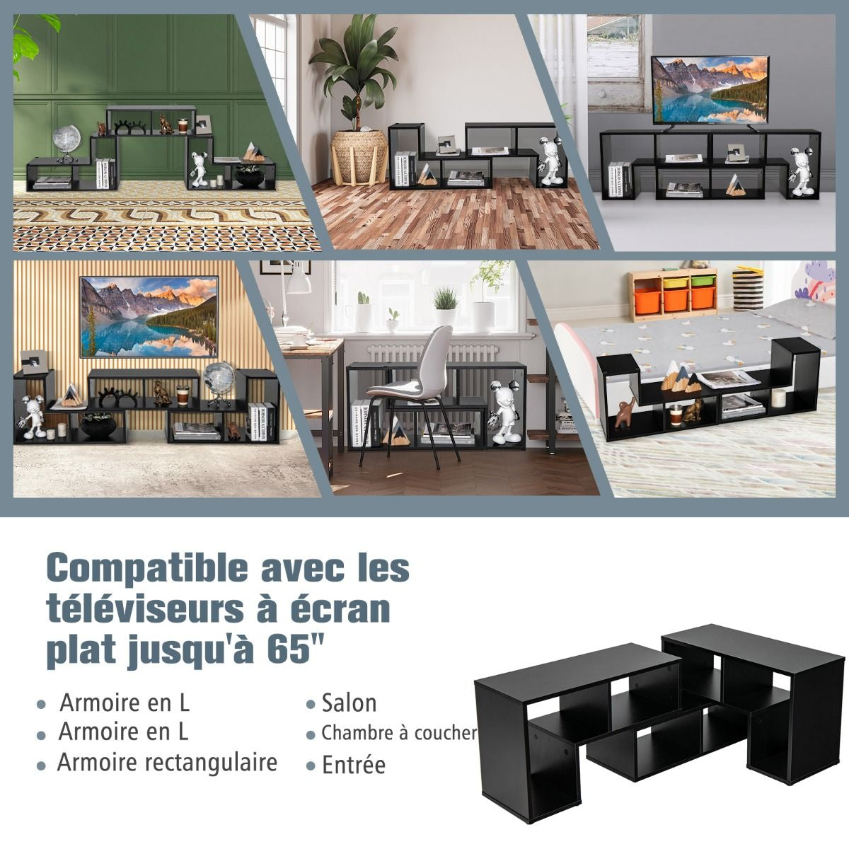 Meuble TV 3 Pièces 139x30x43cm Combination Libre pour Télévision Jusqu’à  49 Pouces pour Salon Chambre Bureau en MDF Noir