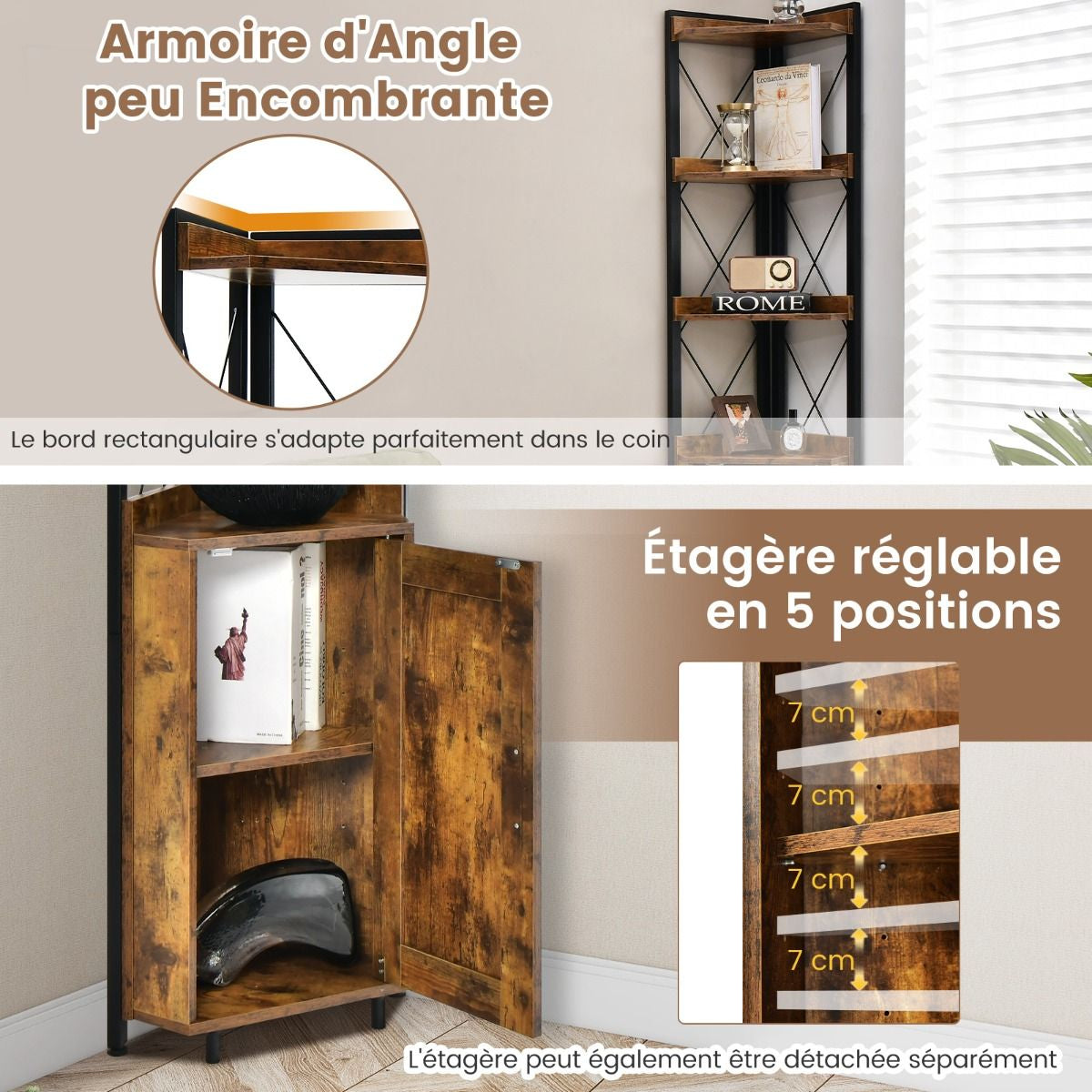 Bibliothèque/Étagère d’Angle avec Armoire et 4 Étagères Meuble d’Angle avec Dispositif Anti-basculement et Pieds Réglables