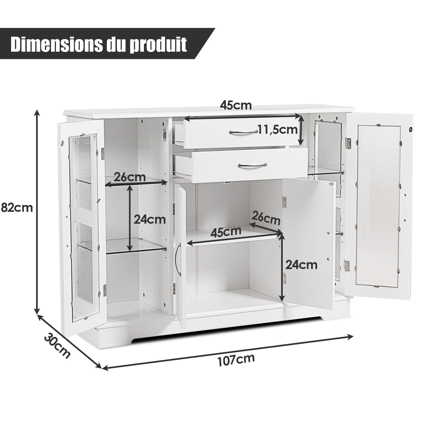 Buffet de Cuisine Meuble de Rangement 107 x 30 x 82 CM  Armoire pour Cuisine et Salon Blanc