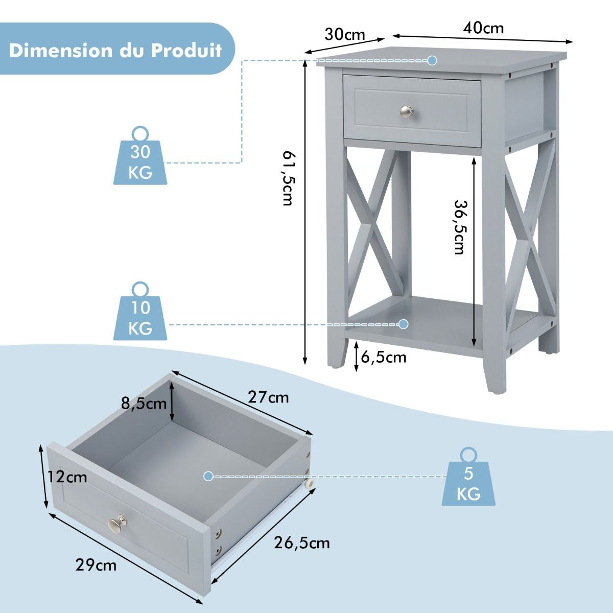 Lot de 2 Tables de Chevet avec Tiroir et Étagère Ouverte Table de Nuit 40 x 30 x 61,5 cm Table d'Appoint pour Salon Chambre Bureau Gris