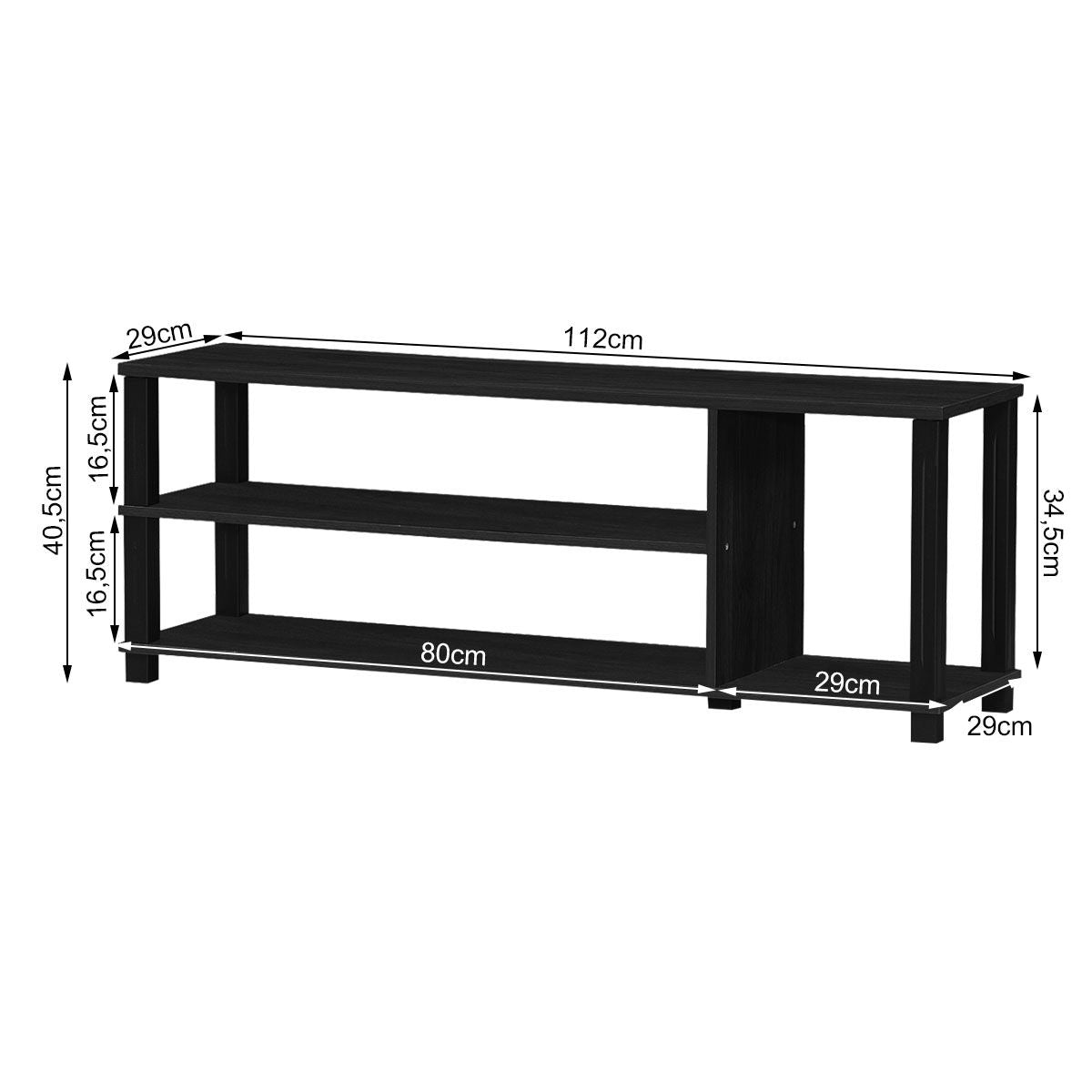 Meuble TV / Banc TV avec 3 Étagères Ouvertes 110 x 29,5 x 40,5 CM Support TV pour Télévision Jusqu’à 45 Pouces Noir