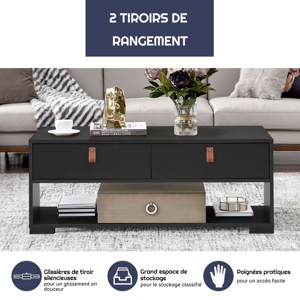 Table Basse Industrielle 100 x 44 x 41 cm (L x l x H) 2 Tiroirs et Étagère de Rangement Noir/Brun