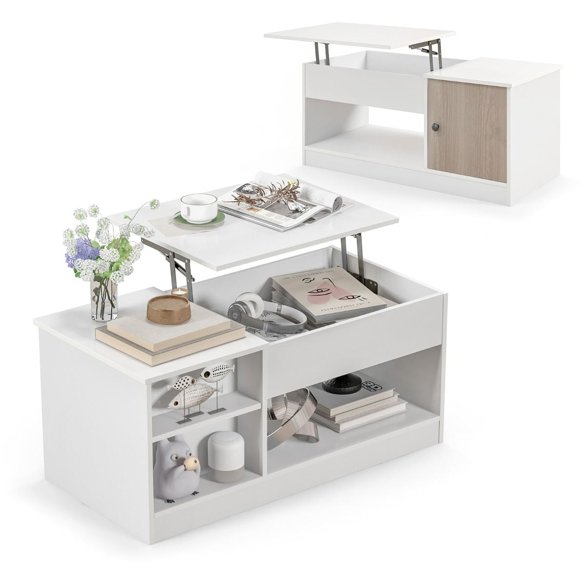 Table Basse avec Plateau Relevable avec Levage Pneumatique, Table de Salon avec 3 Compartiments ouverts et Placard à Porte