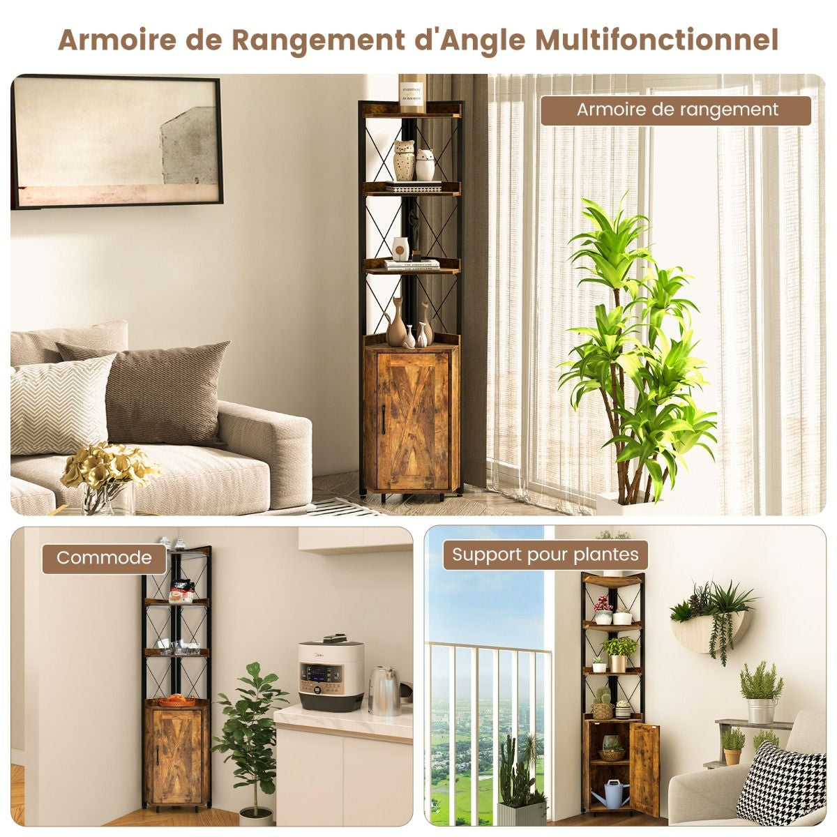 Bibliothèque/Étagère d’Angle avec Armoire et 4 Étagères Meuble d’Angle avec Dispositif Anti-basculement et Pieds Réglables