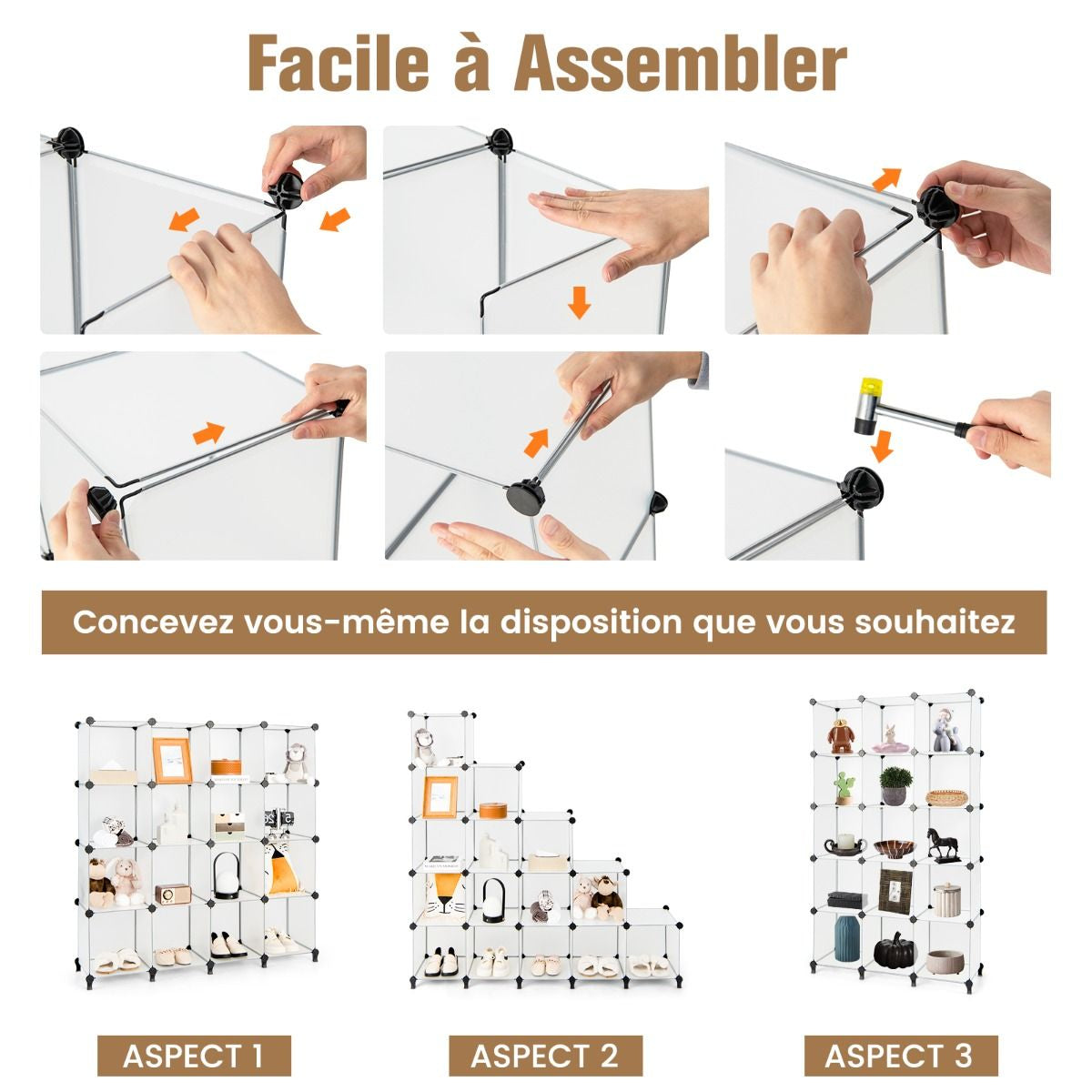 16 Cubes Armoire de Chambre Rangement avec Connecteurs ABS et Marteau Métallique Armoire Portable DIY Semi-transparent Blanc