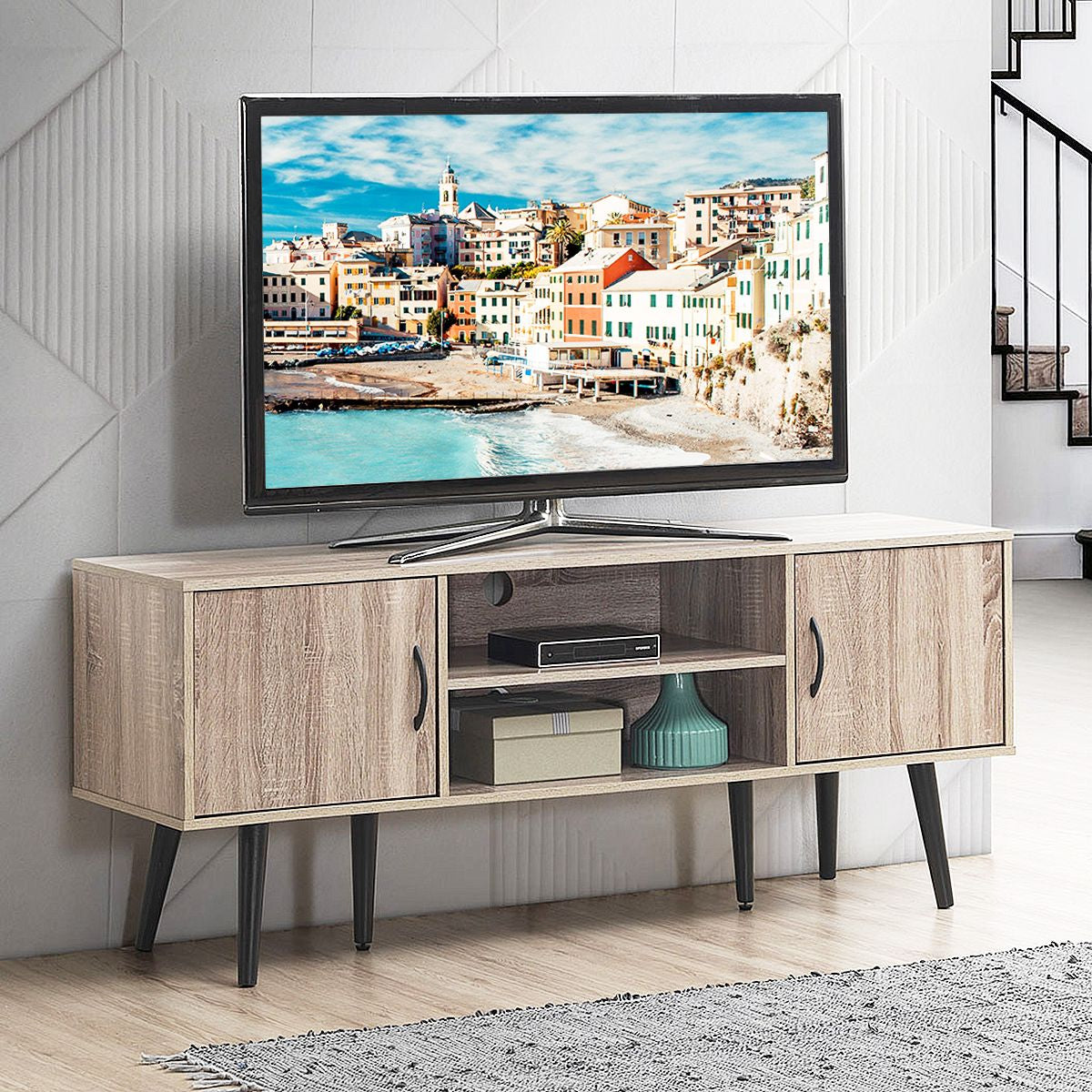 Meuble TV 147 x 39,5 x 62 CM Console Multimédia avec 2 Armoires de Rangement, 2 Etagères Ouverte pour TV Jusqu'à 65''