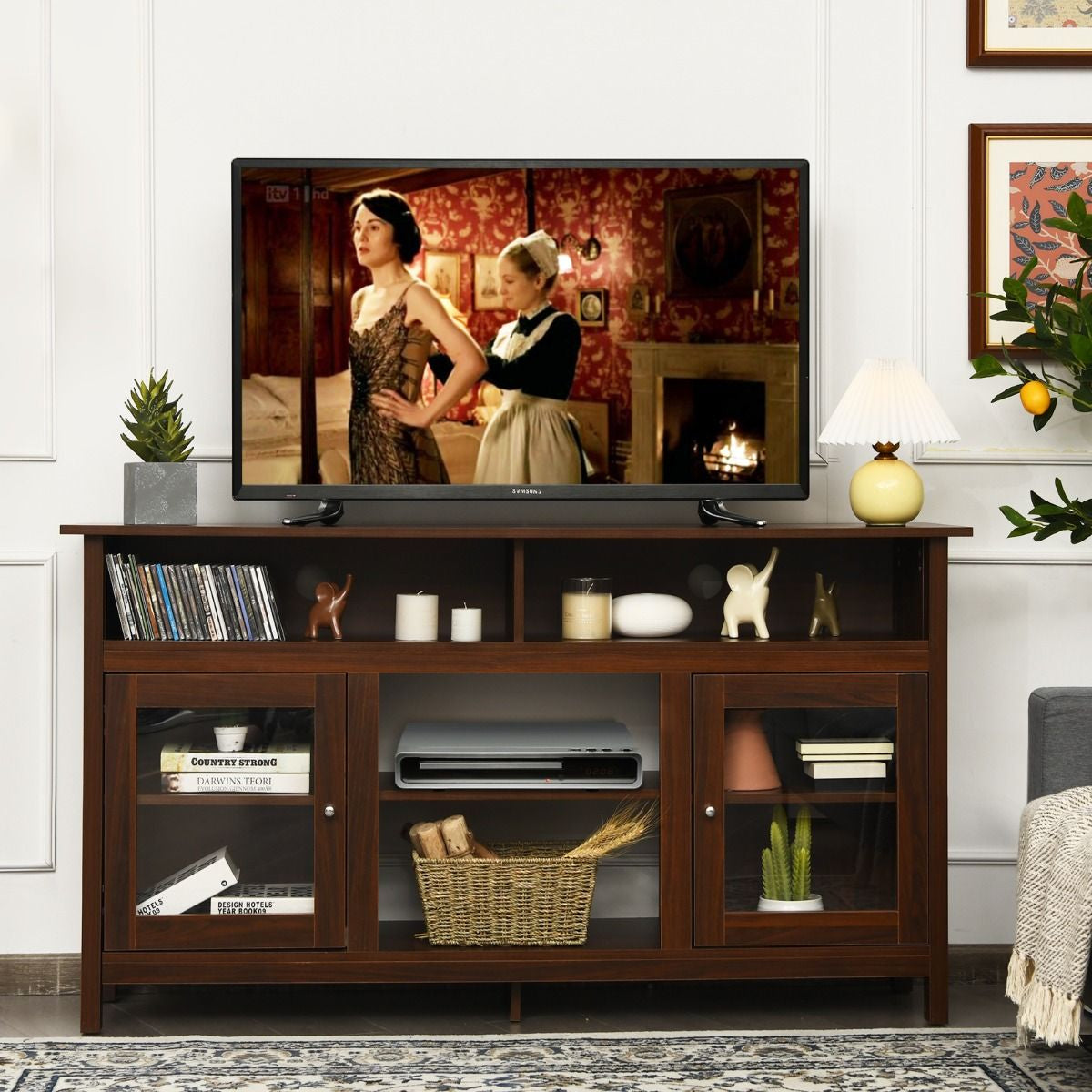 Meuble TV avec 2 Armoires Laterales et Étageres 18" Foyer Électrique pour Salon Chambre 147 x 40 x 81,5 cm Marron