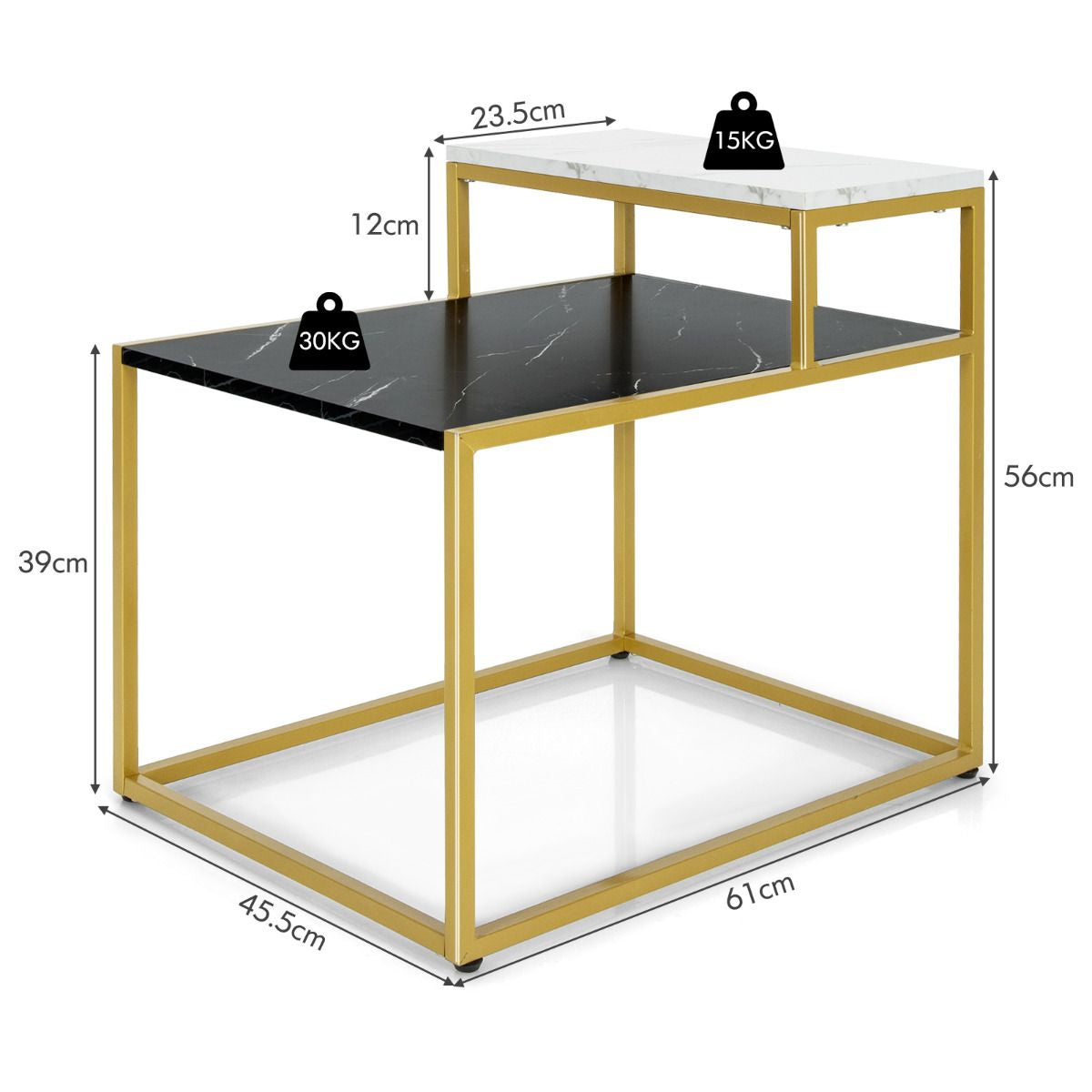 Table d'Appoint à 2 Niveaux 61x45,5x56CM Bout de Canapé avec Motifs en Marbre Étagère Patins Réglables et Cadre en Métal