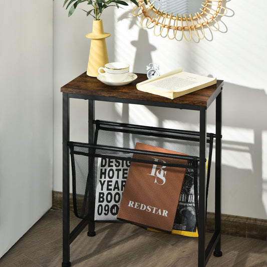 Table d’Appoint Industrielle à 2 Niveaux avec Porte-Magazines Plateau en Bois Pieds en Acier pour Salon Chambre Bureau