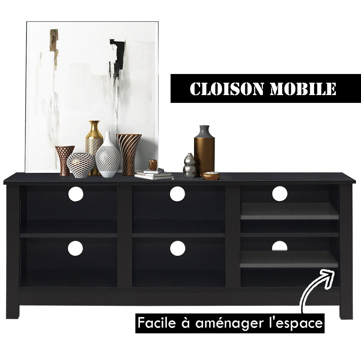 Meuble TV 135 x 39,5 x 54 cm avec 2 Etagères de Rangement Réglable Centre Multimédia Polyvalent pour Salon Noir