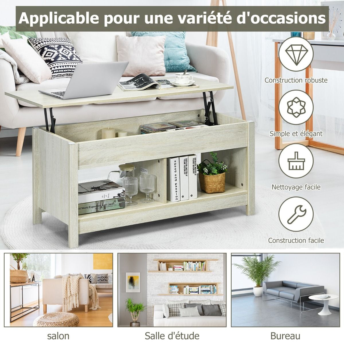 Table Basse avec Plateau Relevable avec Espace de Rangement Caché et Etagère Inférieur 109 x 47,5 x 50-63 cm Blanc