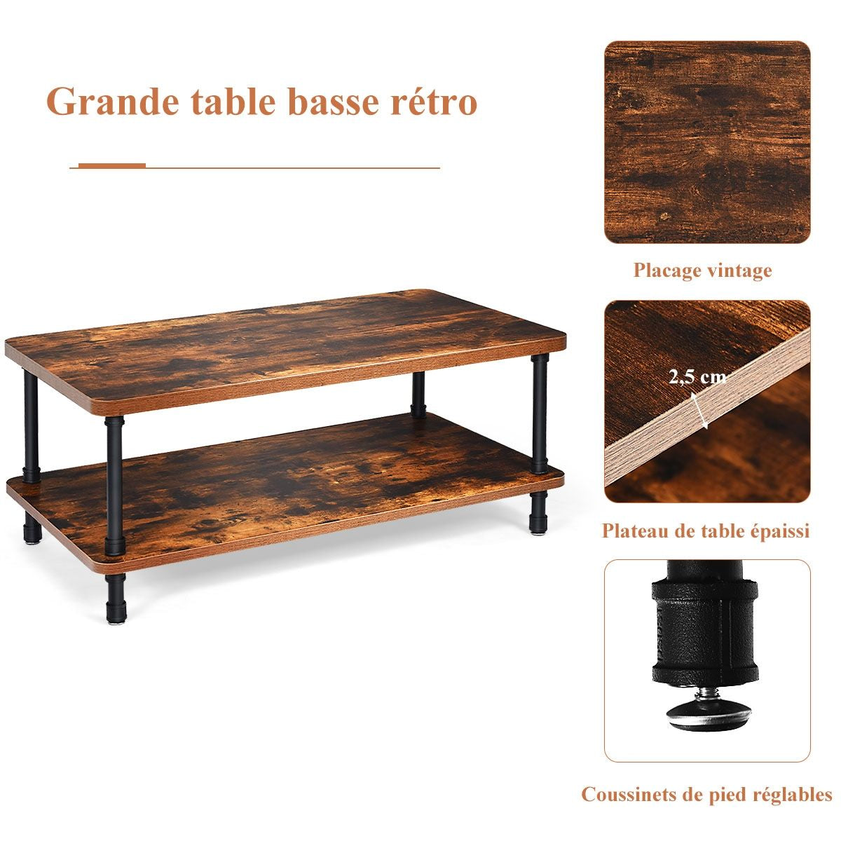 Table Basse Industrielle 110 x 60 x 45 CM avec 1 Tiroir et Etagère de Stockage Cadre en Métal