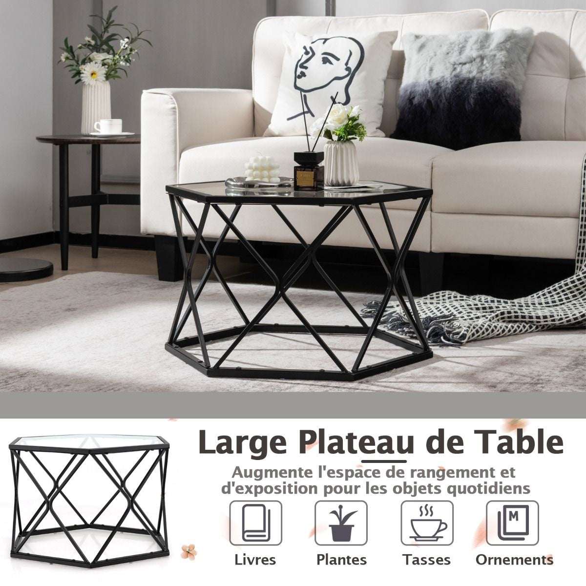 Table Basse Géométrique avec Plateau en Verre Trempé Table d’Appoint Hexagonale Style Moderne pour Salon 65x56x40cm Noir