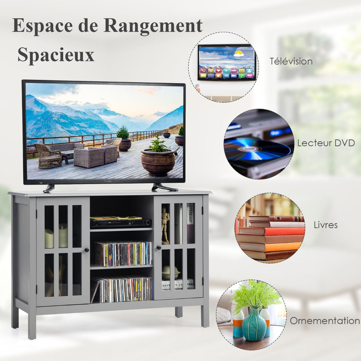 Meuble TV Support TV avec Rangement 3 Etagères, Banc TV 109 x 39,5 x 77 CM Style Simple et Contemporain Gris