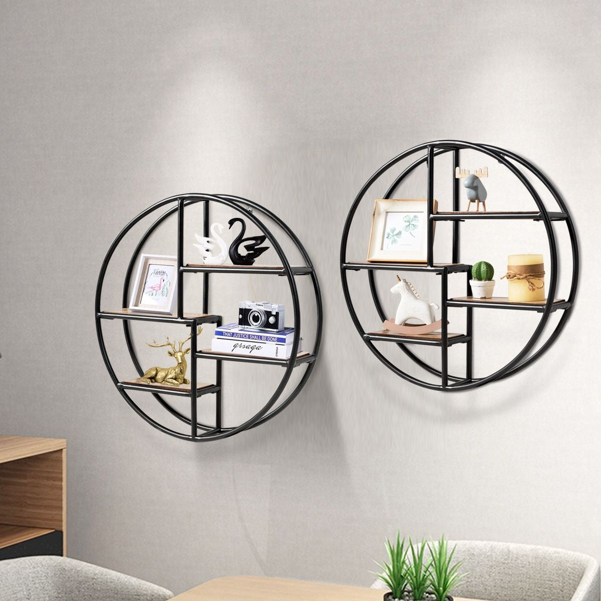 Étagères Murales Ronde de Style Industrielle avec 4 Etagères Dimensions Ø 55 x 11 CM Matériel de Fixation Inclus