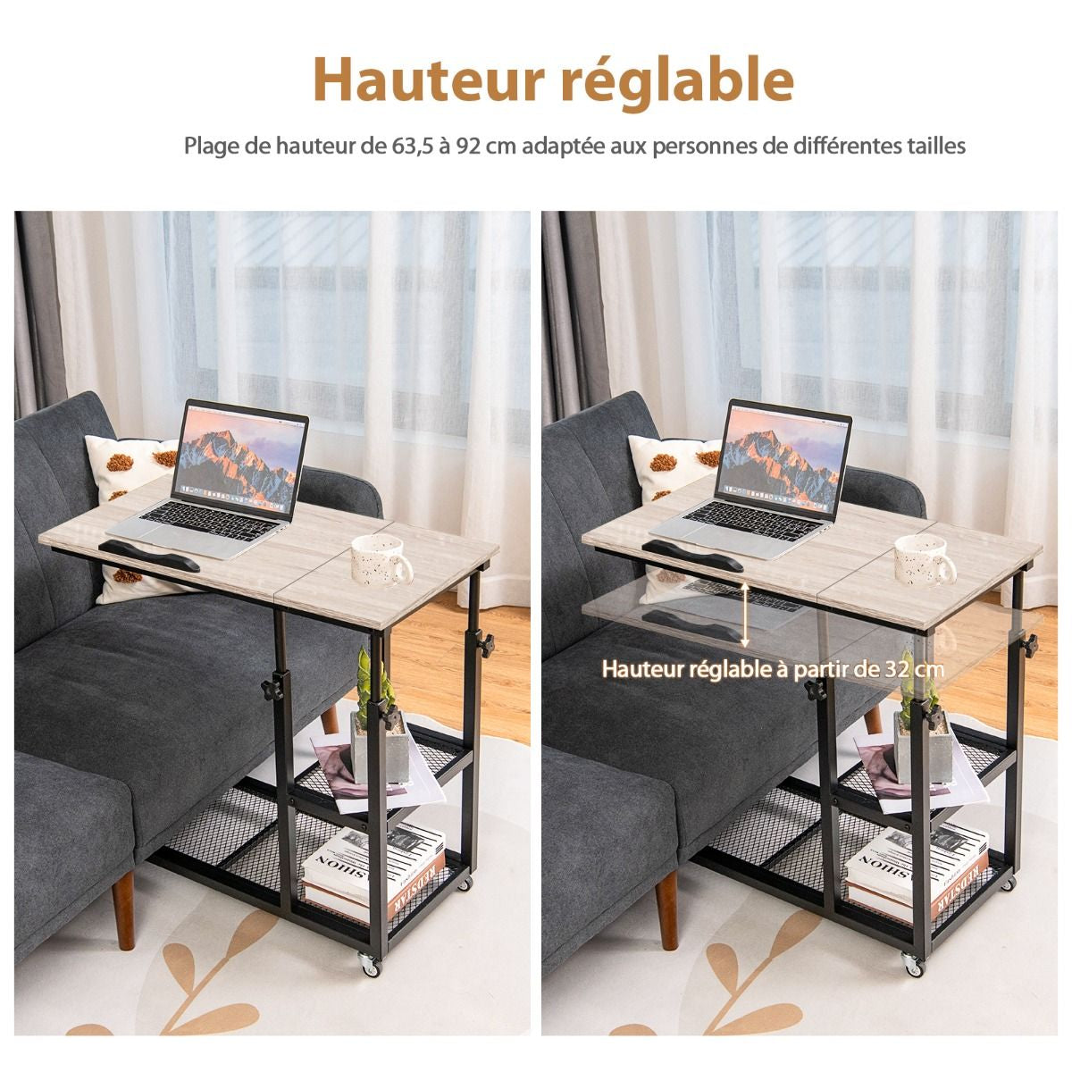 Table d’Appoint Plateau Inclinable à 5 Positions Roulettes Verrouillables Cadre en Acier Style Industriel Brun