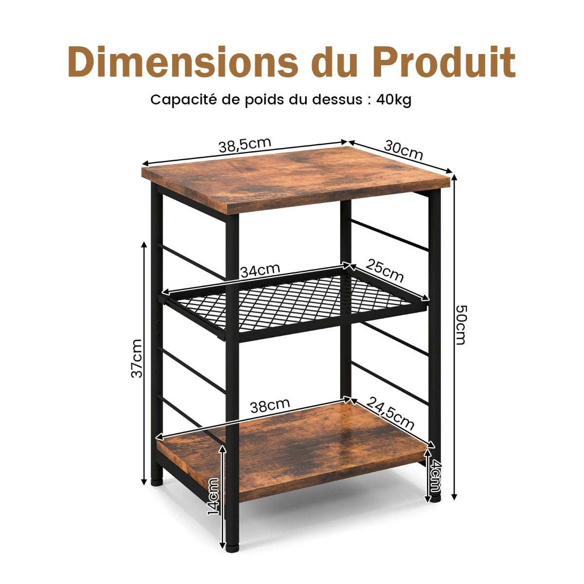 Table d’Appoint Style Industrielle 2 Etagères 38,5 x 30 x 50 cm (L x l x H) Cadre en Métal