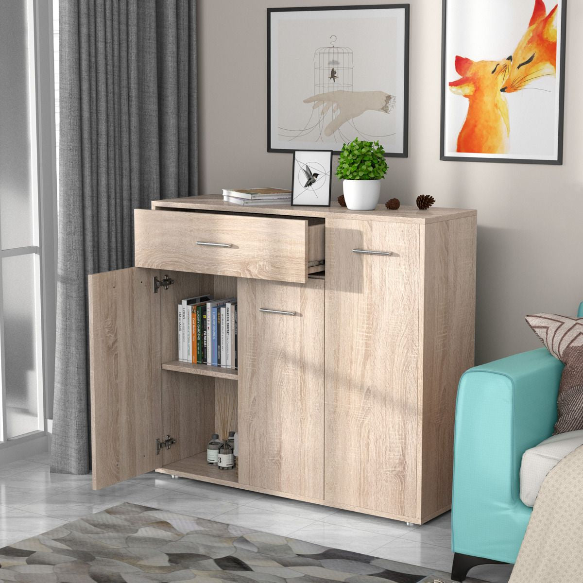 Buffet de Cuisine Commode Meuble de Rangement avec 1 Tiroir et 3 Portes en MDF  90 x 29 x 82 CM (L x l x H) Commode Naturel