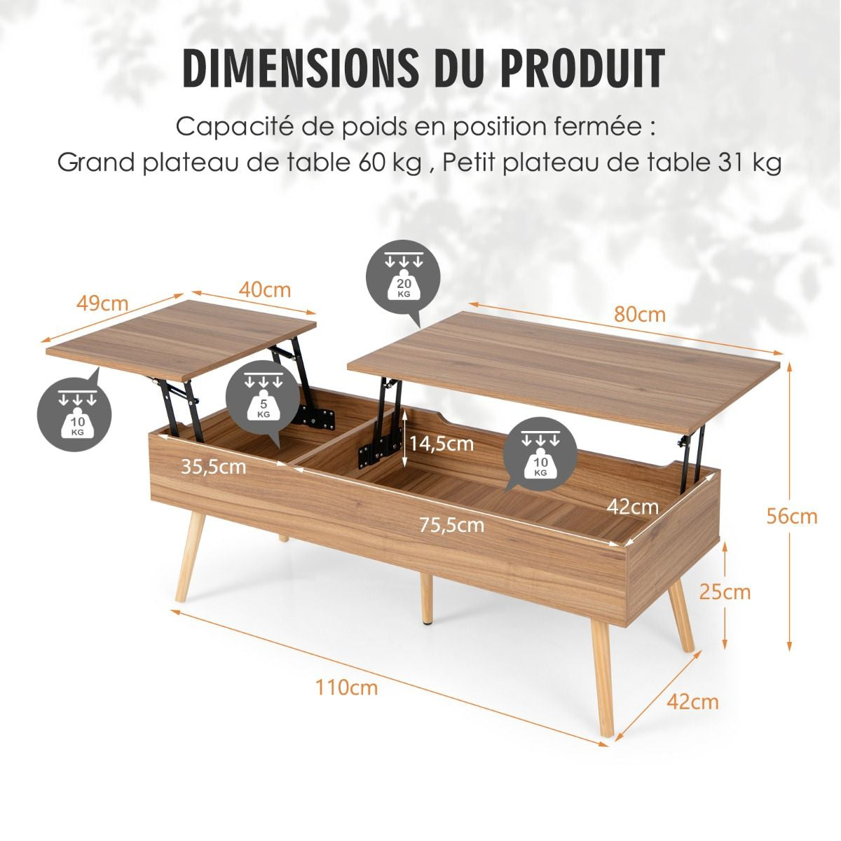 Table Basse avec 2 Plateaux Relevables 110 x 49 x 42 CM avec 2 Compartiments Cachés et 5 Pieds en Bois Massif Marron