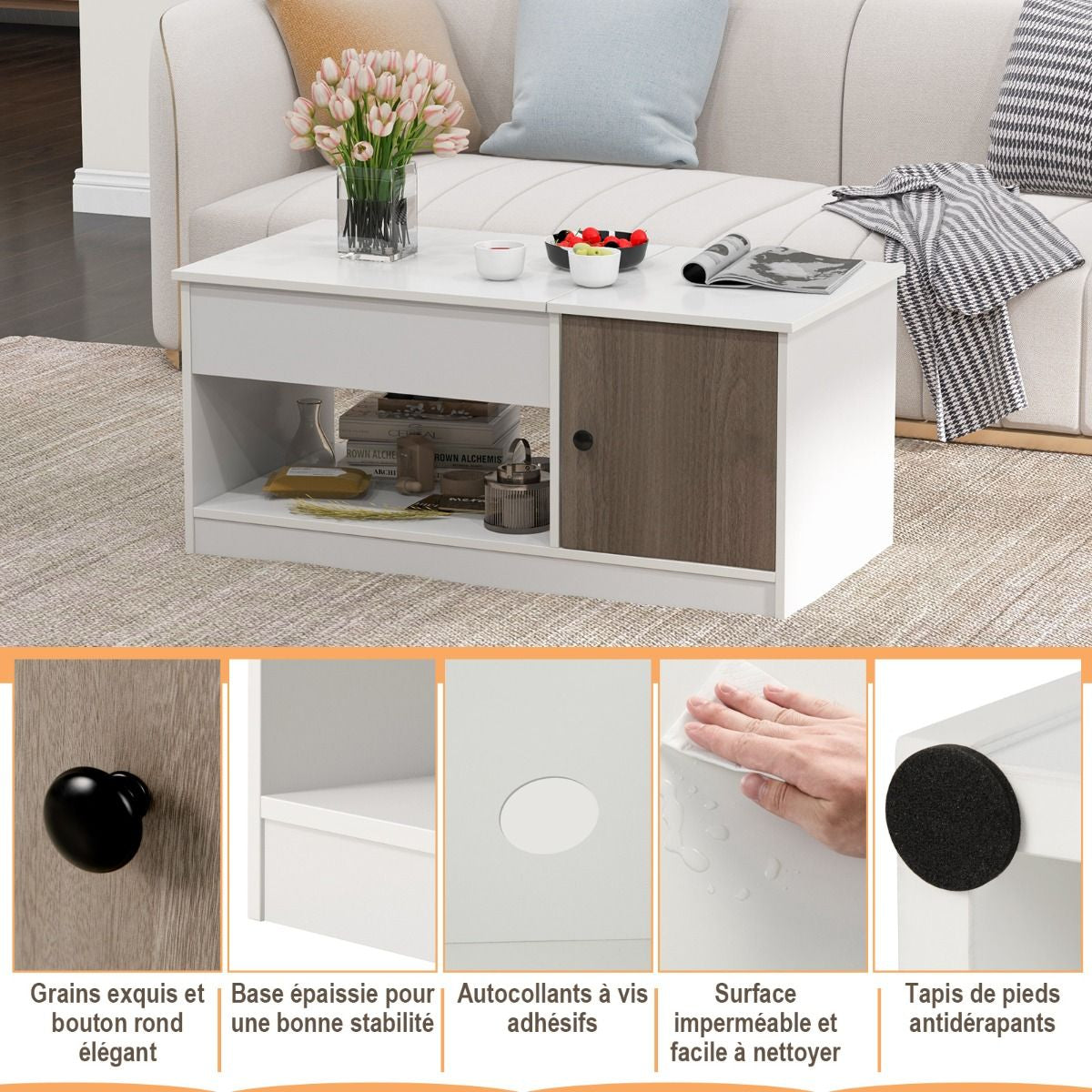 Table Basse avec Plateau Relevable avec Levage Pneumatique, Table de Salon avec 3 Compartiments ouverts et Placard à Porte