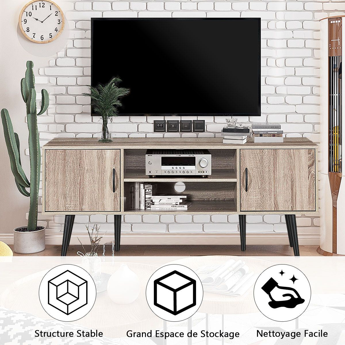 Meuble TV 147 x 39,5 x 62 CM Console Multimédia avec 2 Armoires de Rangement, 2 Etagères Ouverte pour TV Jusqu'à 65''