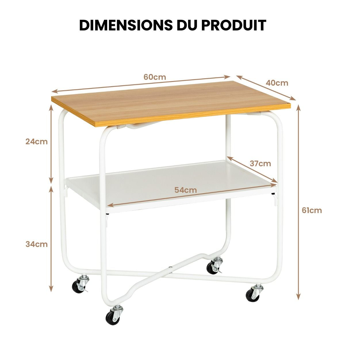 Table d'Appoint Bout de Canapé à Roulettes Verrouillables 2 Etagère de Rangement pour Salon et Chambre Naturel