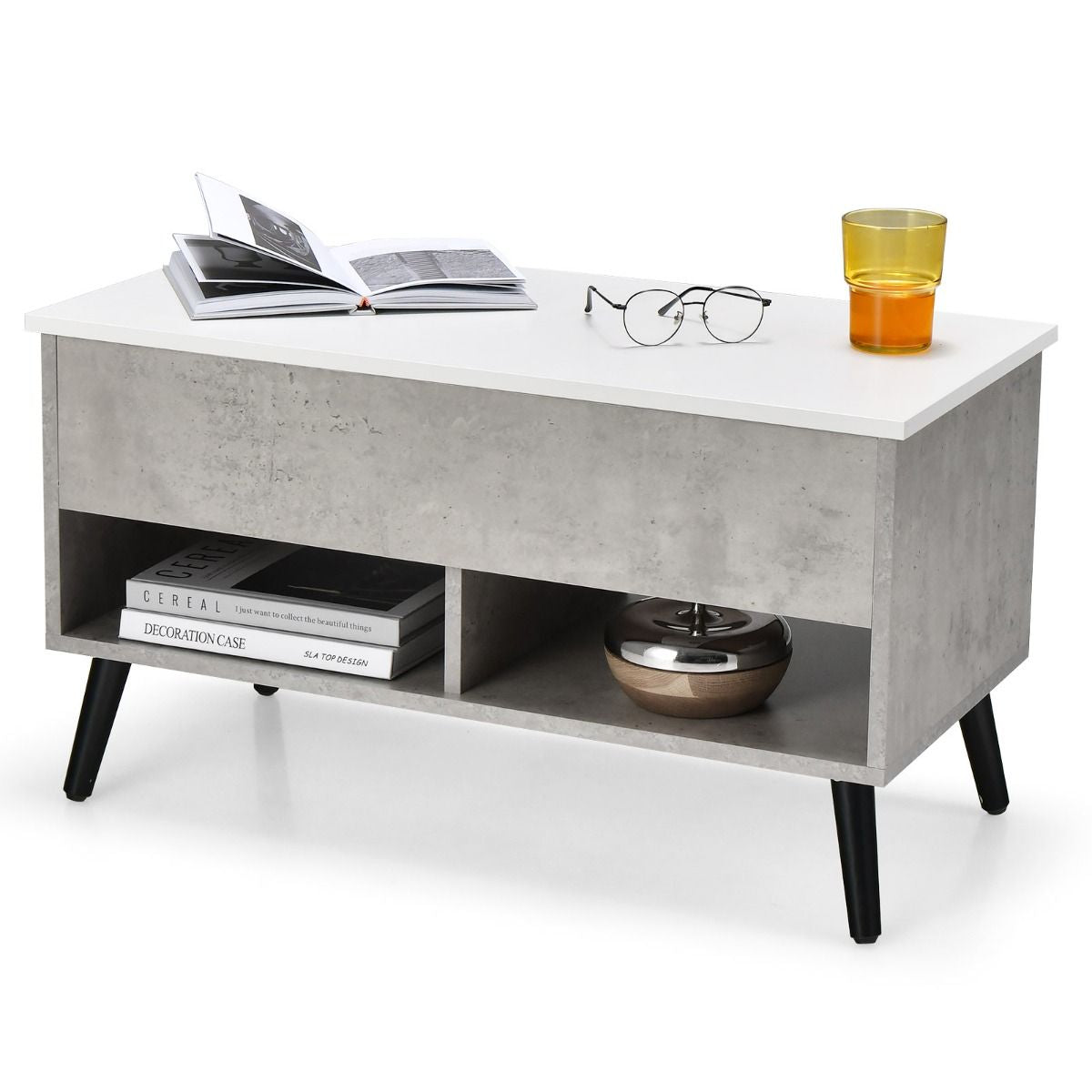 Table Basse Relevable avec 2 Compartiments et Rangement Caché Table Basse Salon à Pieds en Bois de Pin avec Levage Pneumatique Gris