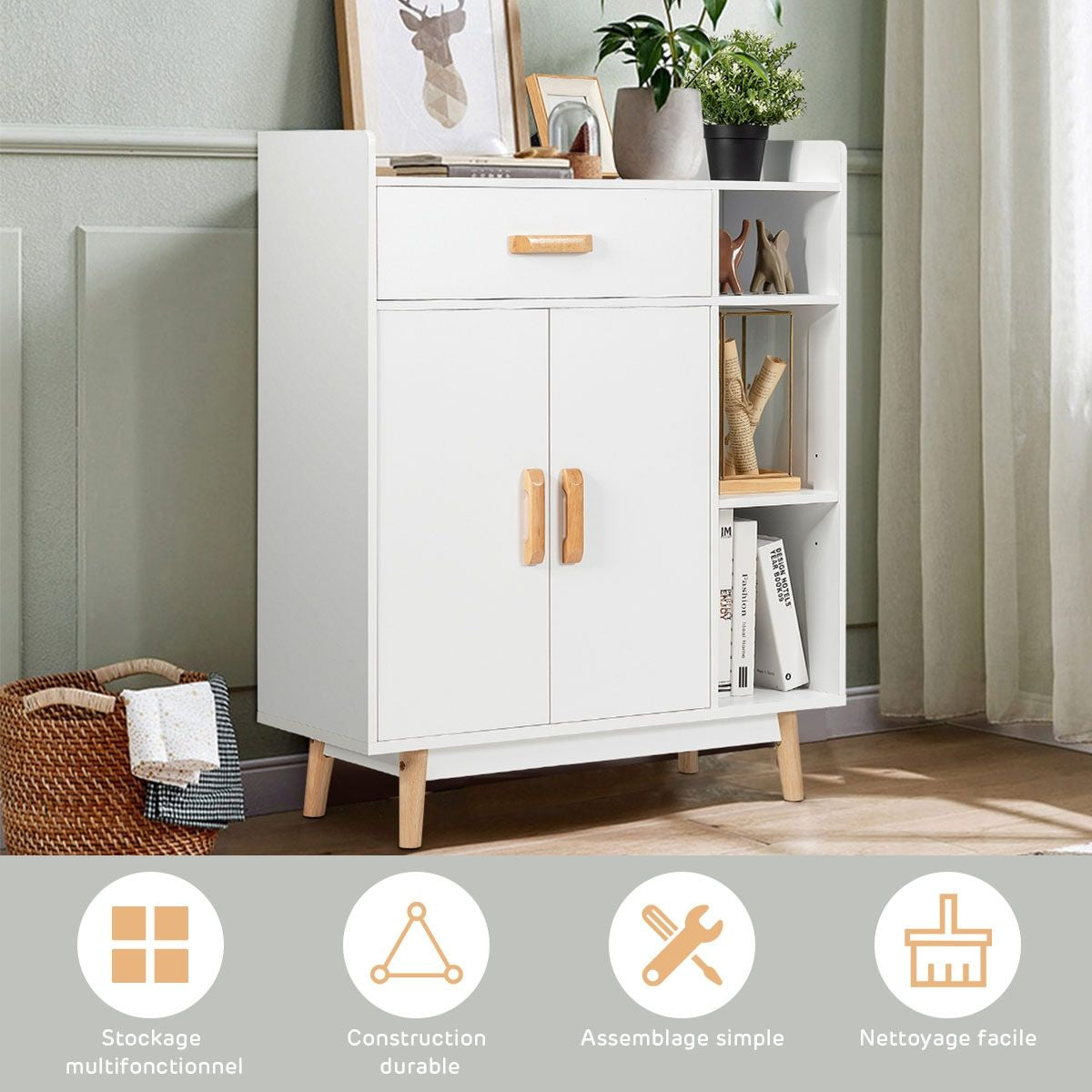 Meuble de Rangement Scandinave 1 Tiroir 2 Portes 3 Etagères 80 x 30 x 95 CM Blanc