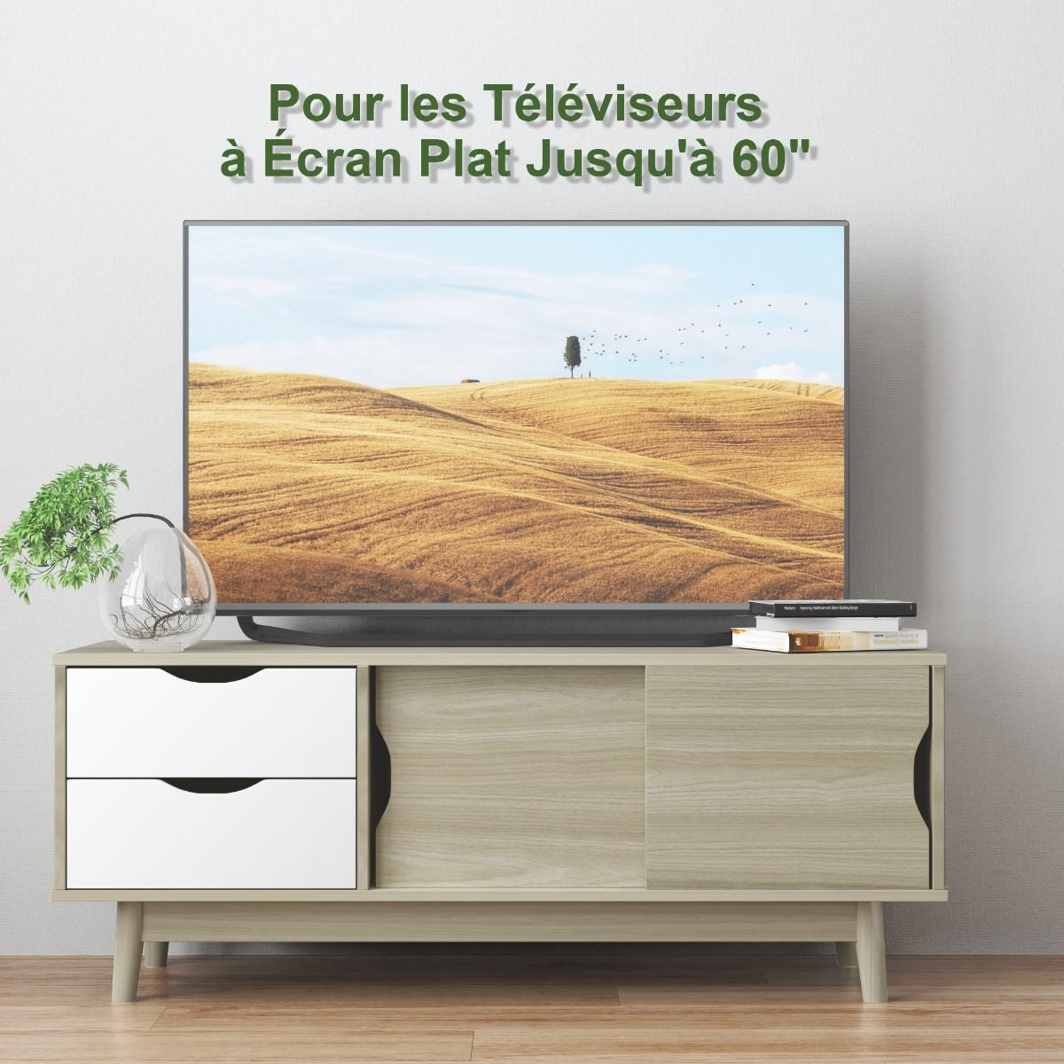 Meuble TV Moderne avec 2 Tiroirs 2 Portes Coulissantes et Trou de Gestion des Câbles Vitrine Gris