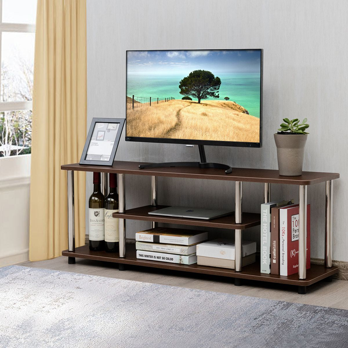 Meuble/Banc TV à 3 Niveaux 111 x 29,5 x 40 CM Table Basse avec Pieds en Acier Inoxydable et Coussinets Antidérapants Café