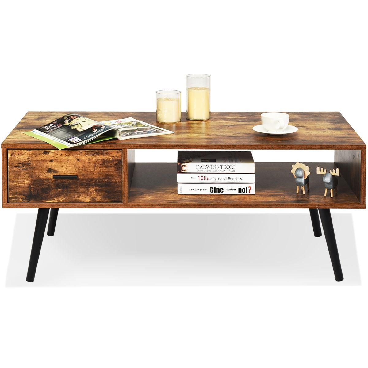 Table Basse Industrielle 109 x 55 x 44,5 CM avec 1 Tiroir et Etagère de Stockage Cadre en Métal